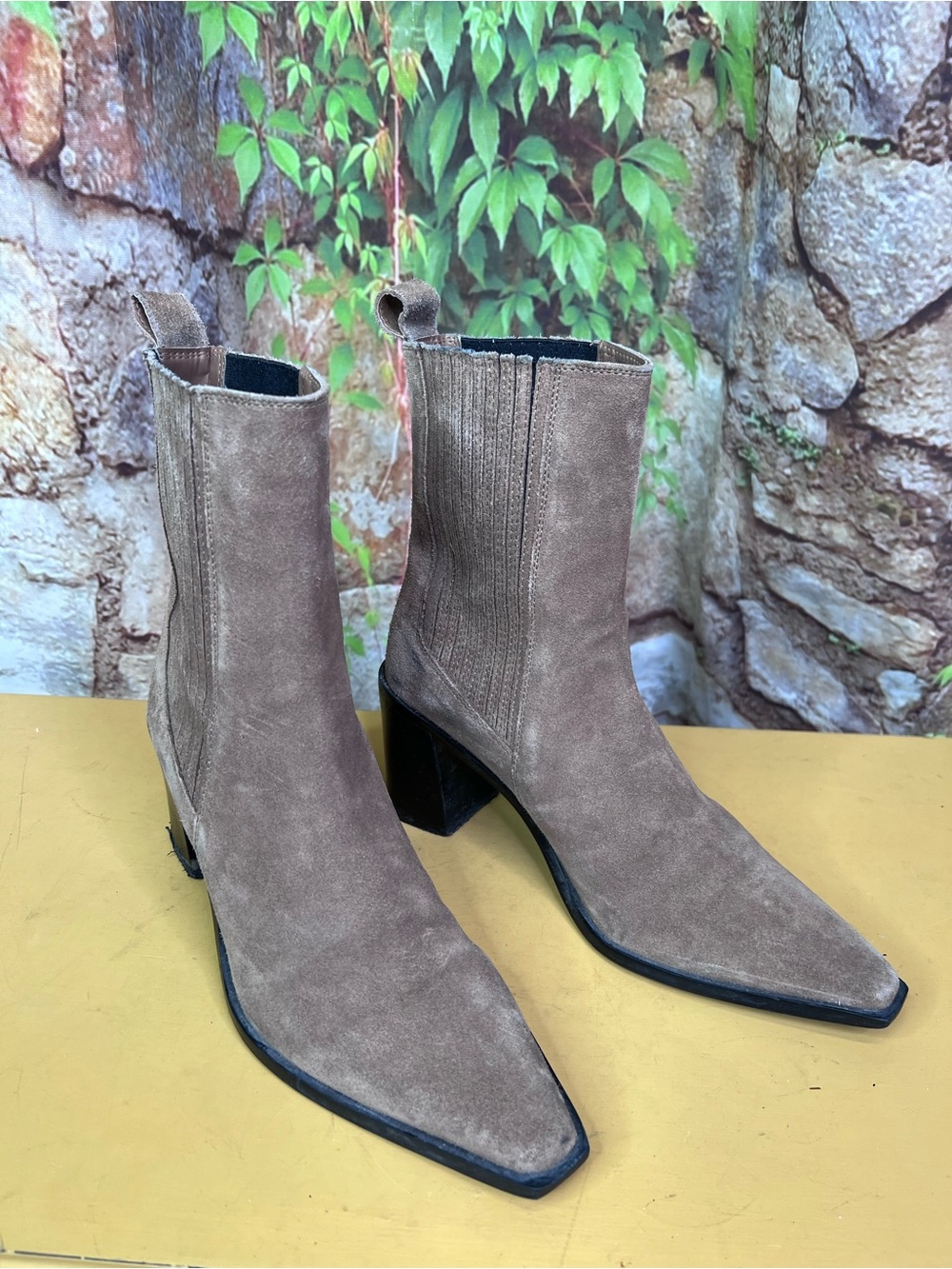 ZARA Coastal Cowgirl Western Bohohemian Taupe Suede Block Heel Boots, 38 - Picture 9 of 15